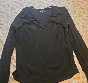 Democracy Black Long-Sleeve Ruffle V-Neck Blouse